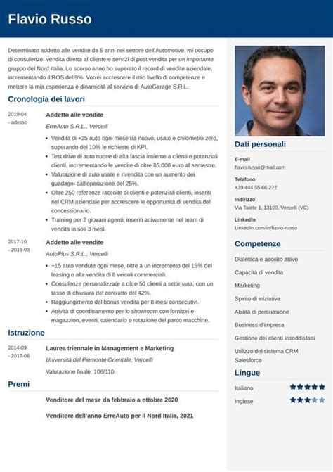 Esempio di curriculum vitae da addetto vendite 2024.